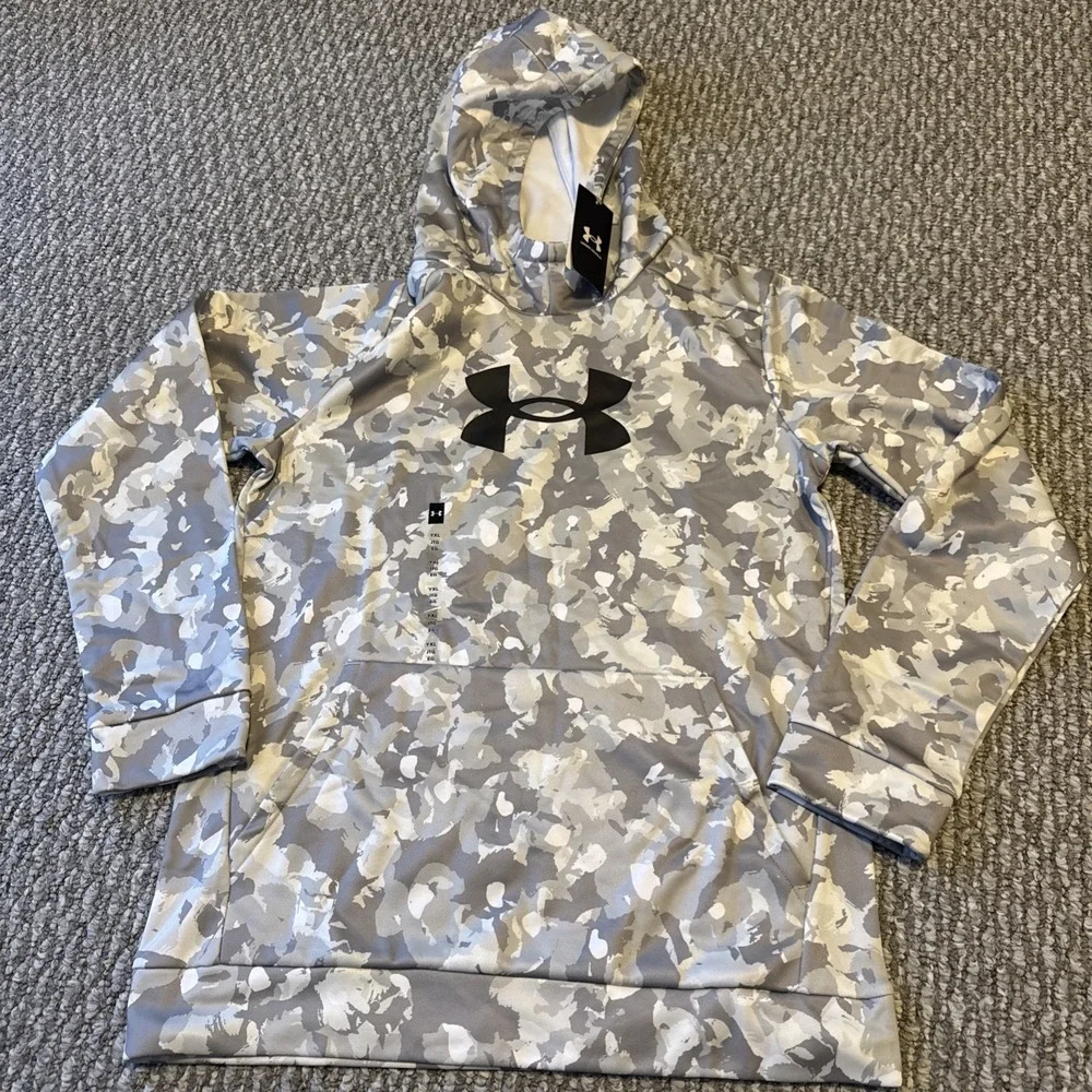 Boy's Under Armour Fleece Big Logo Printed Camo Hoodie In‎ Gray Size Extra Large